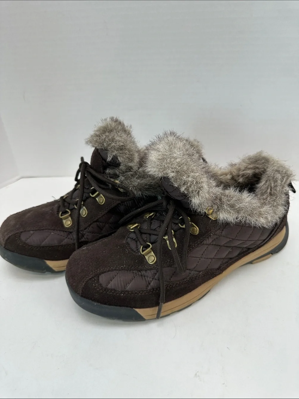 Lands' End Dark Brown Quilted Faux-Fur Trim Lace-Up Winter Sneakers